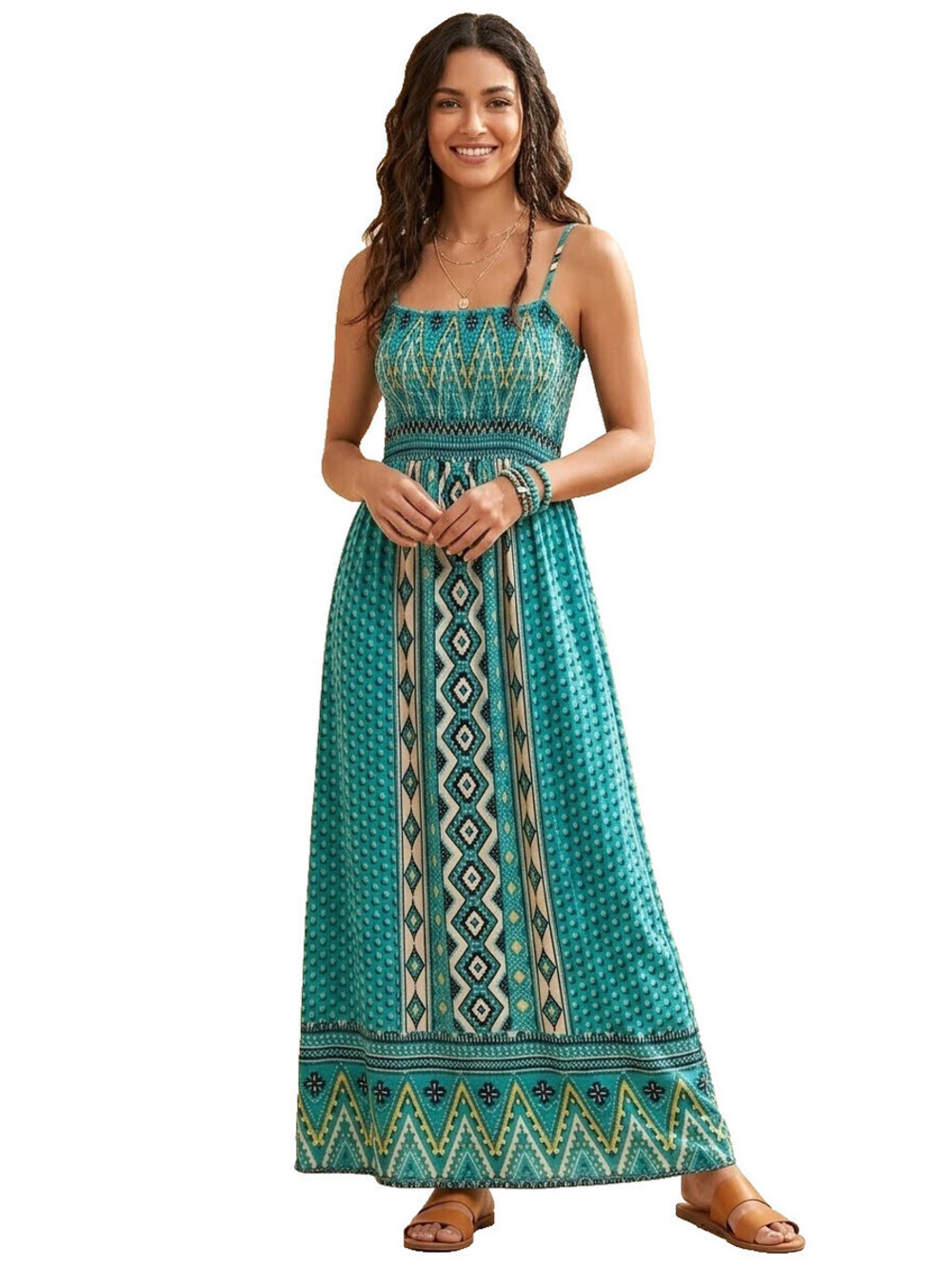 Rue21 S/M Medium Rayon Maxi Dress Green Bohemian Geometric Print